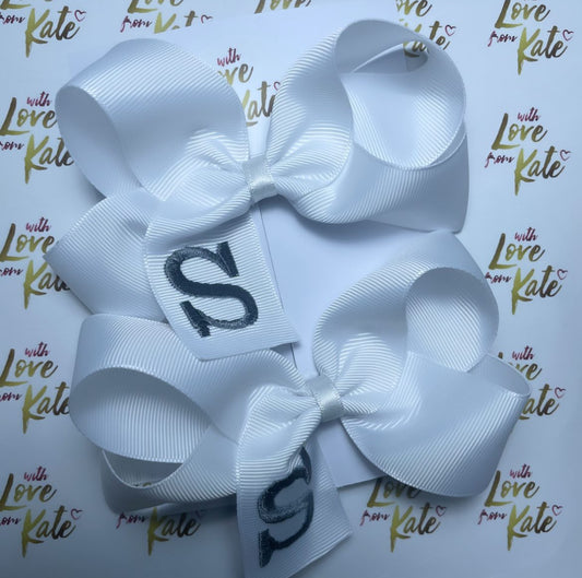 White with grey embroidered initial boutique bow