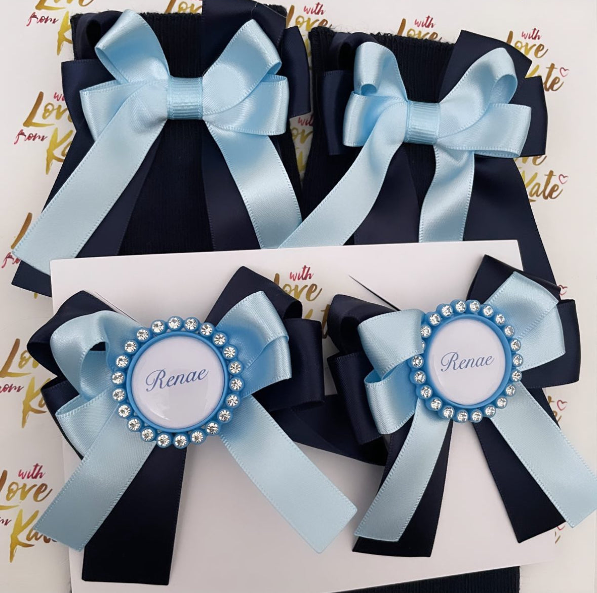 Navy & light blue long tail bow socks & personalised bows set