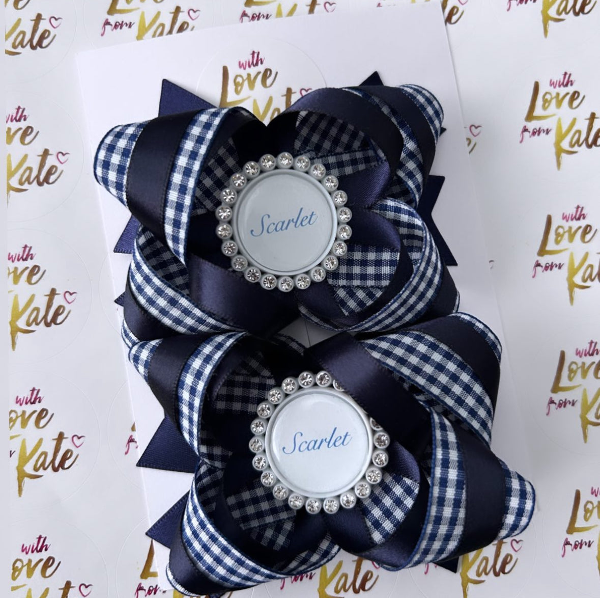 Navy gingham loopy stacked bows with personalised centres