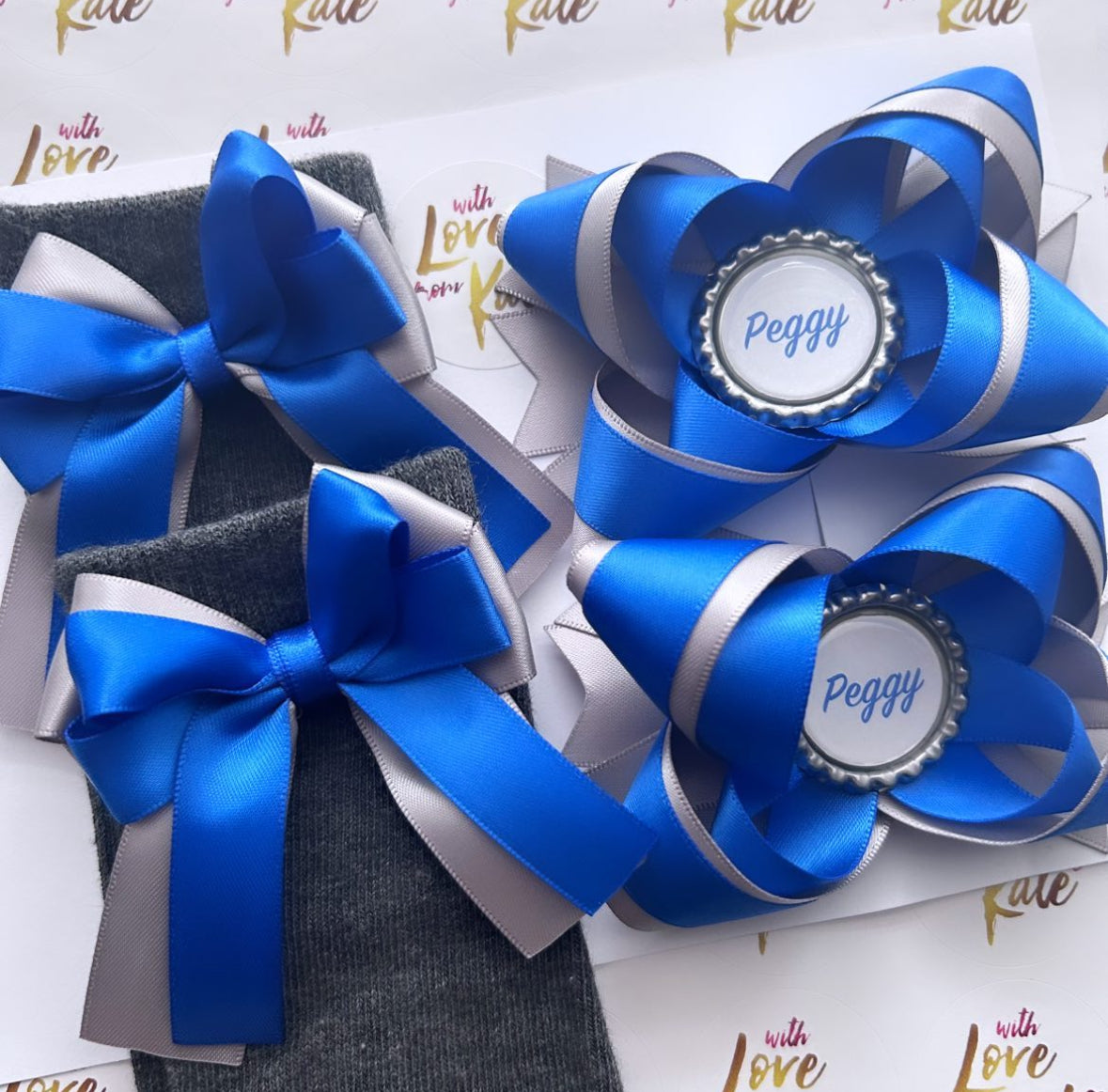 Royal Blue & grey long tail bow socks & personalised stacked bows set