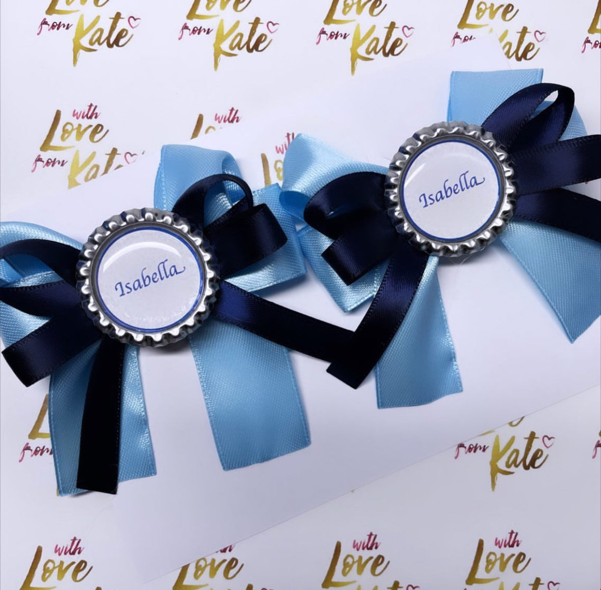 Navy & light blue short tail tail bow with personalisation