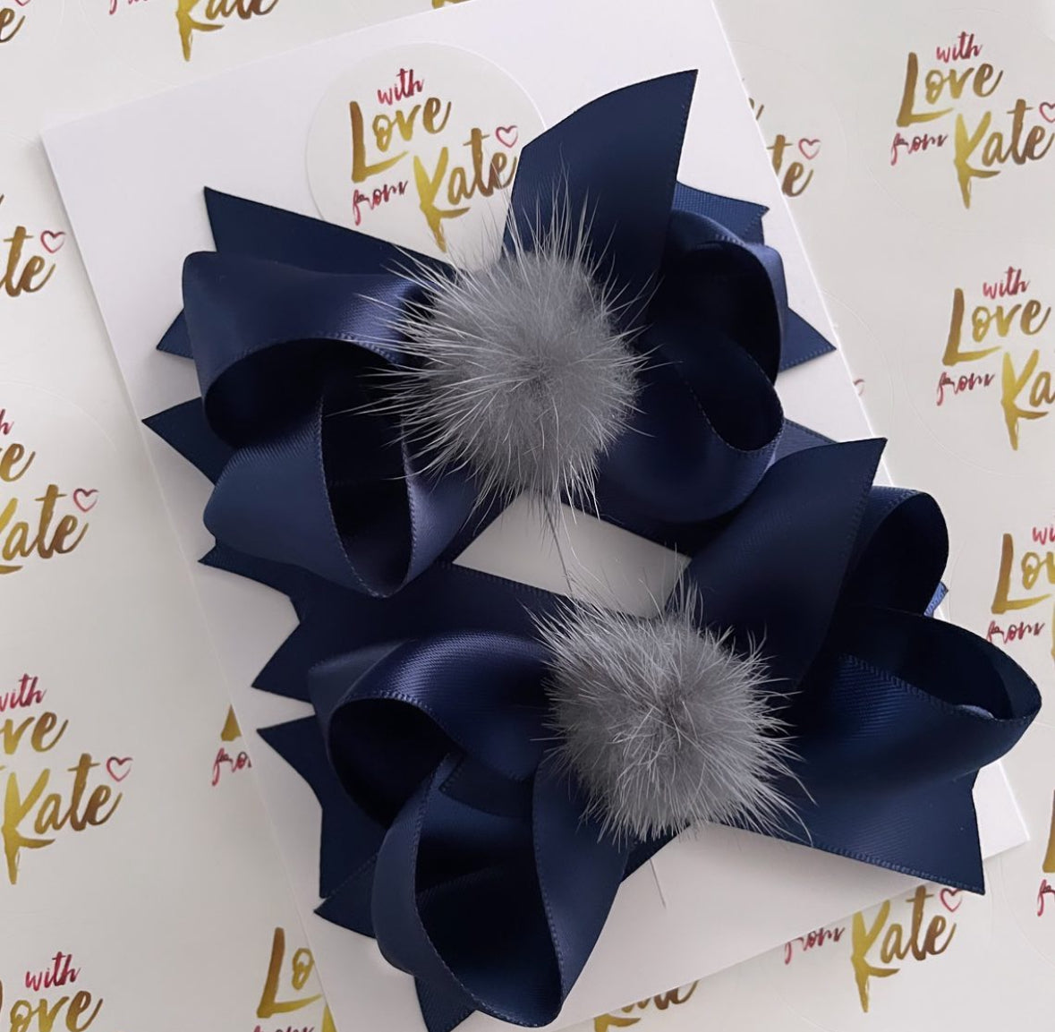 Navy & grey pom pom stacked bow