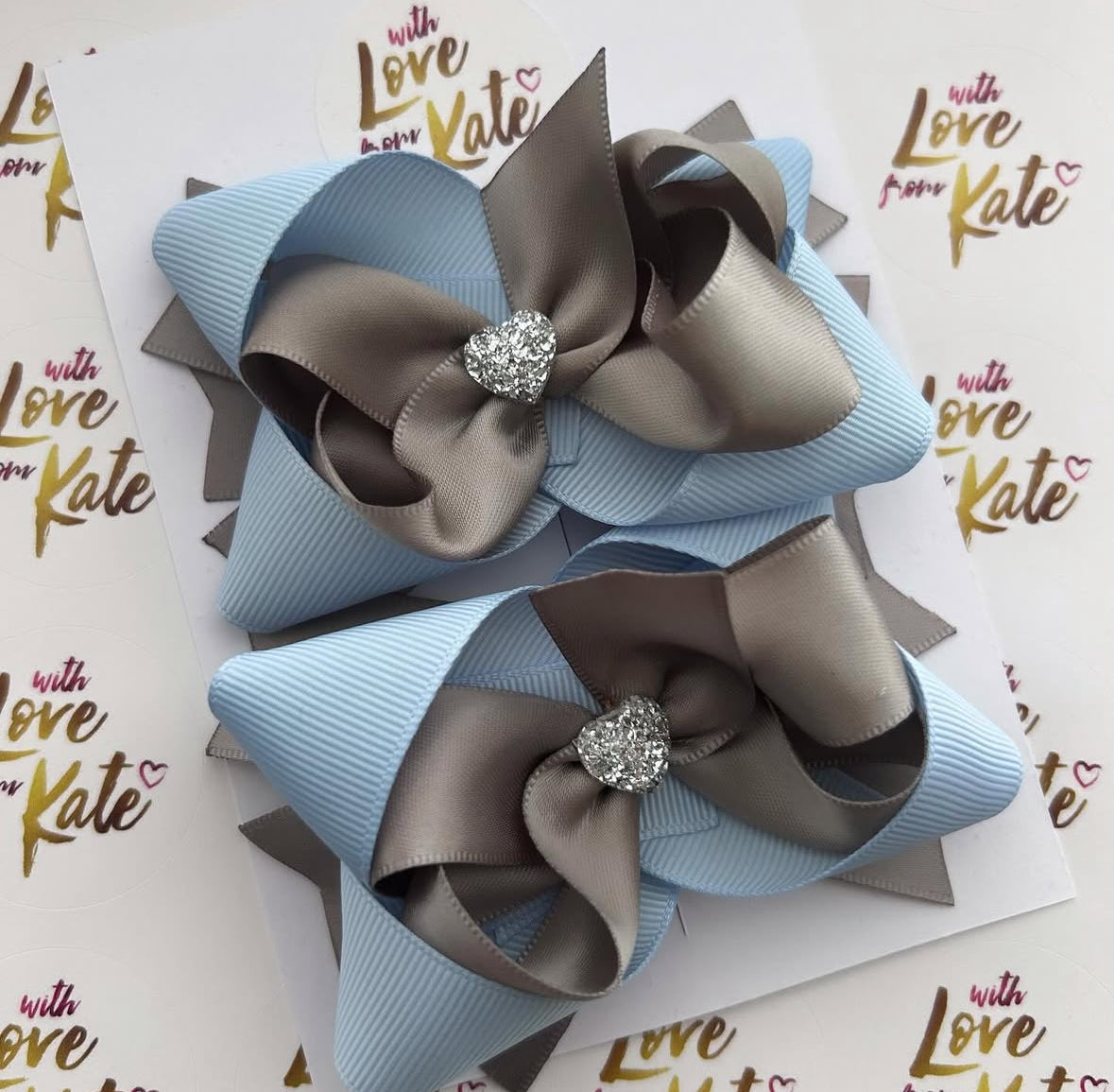 Grey & Powder blue stacked bow with heart centre