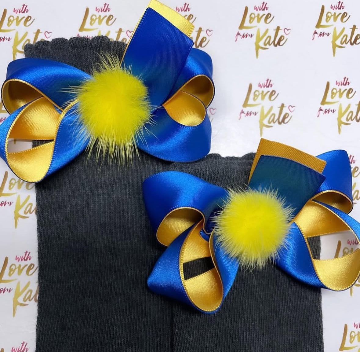 Royal blue & yellow boutique bow knee high socks with pom poms