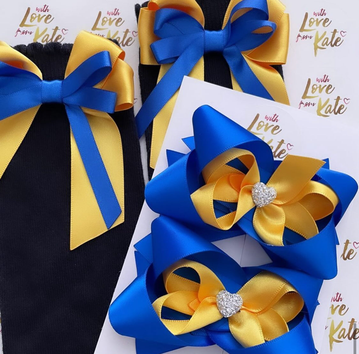 Royal blue & yellow long tail bow socks & stacked bows set