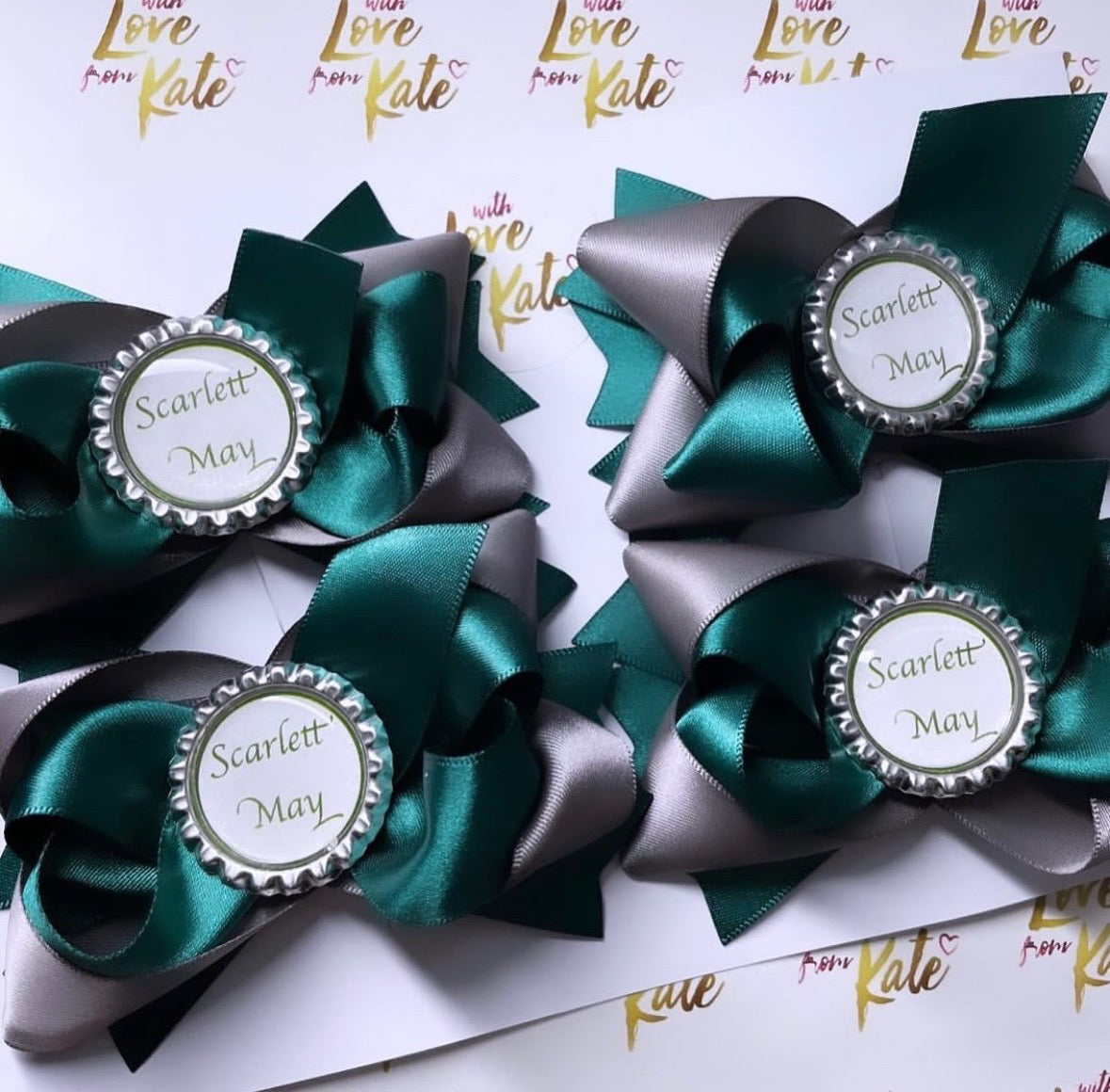 Dark green & grey stacked bow with personalisation