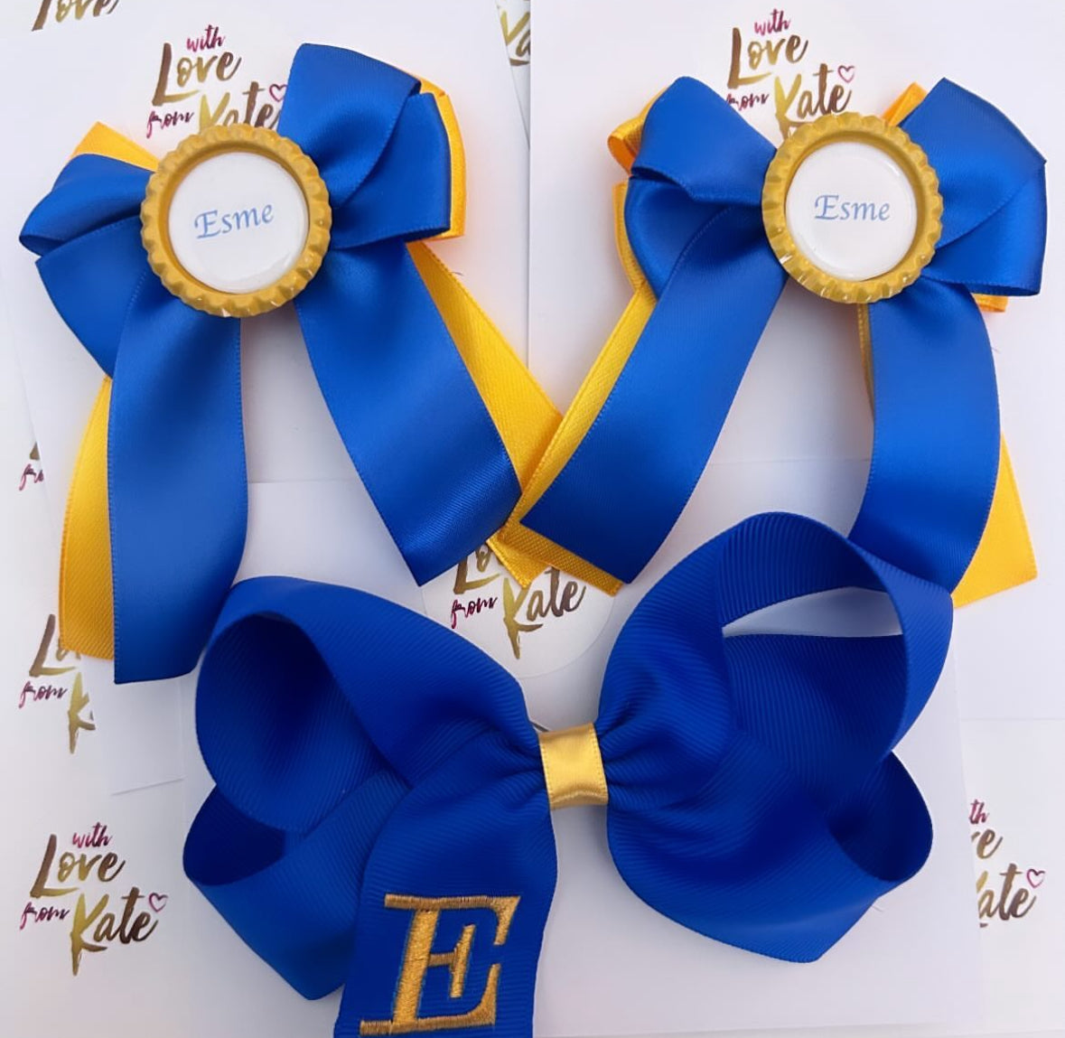 Royal blue & yellow long tail & embroidered bow set