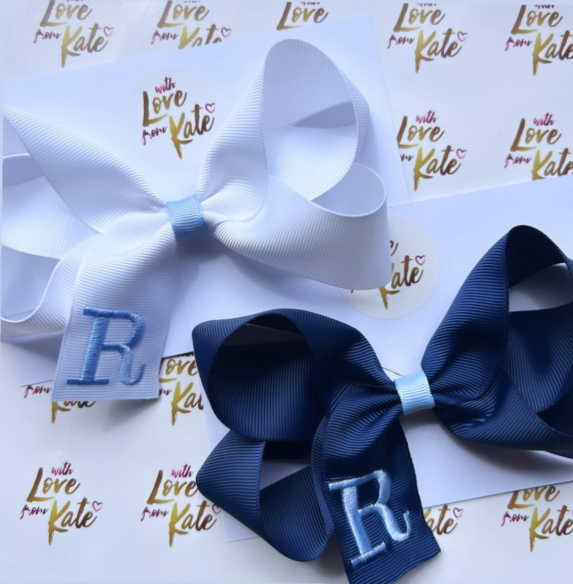 White & Navy light blue embroidered initial boutique bow set