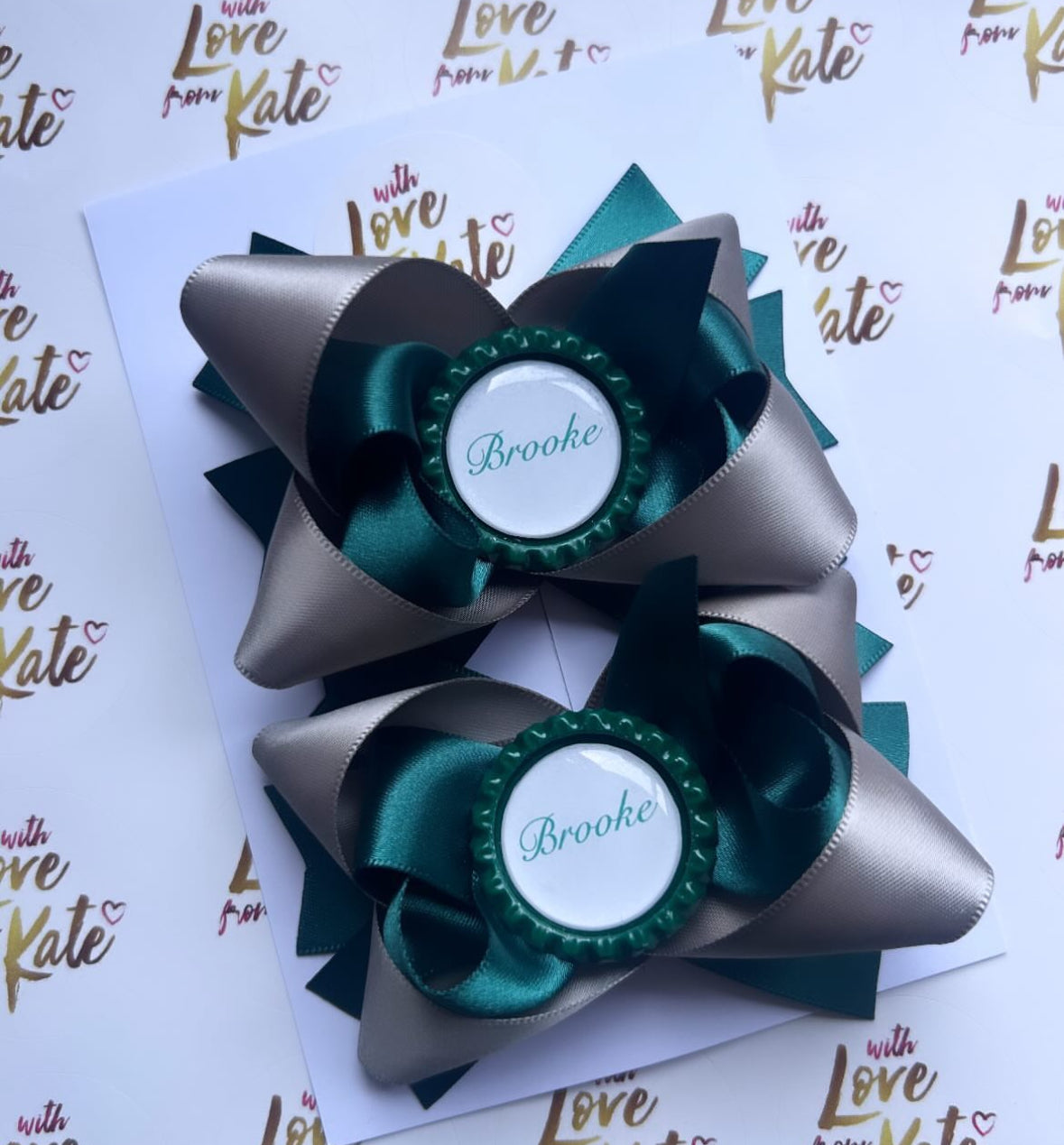 Dark green & grey stacked bow with personalisation