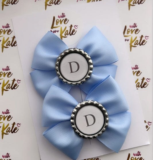 Powder blue double Tux bow with personalisation