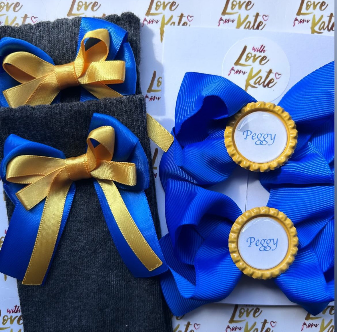 Royal blue & yellow long tail bow socks & personalised boutique bow set