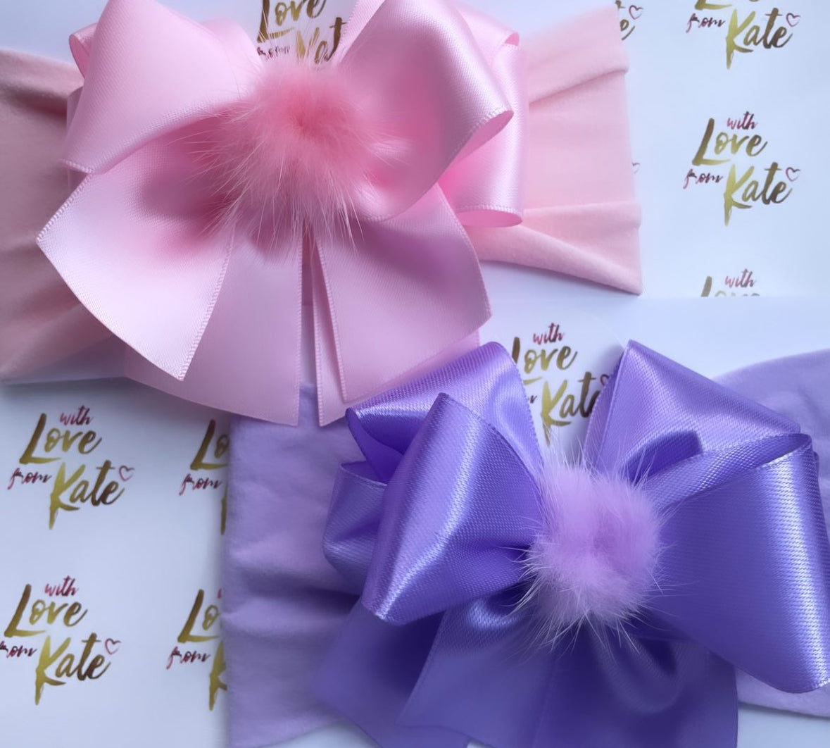 Baby pink & lilac satin XL Short tail bow baby headband set