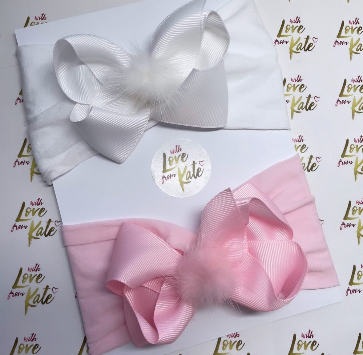 Baby pink & White boutique bow baby headband with Pom Pom centre set