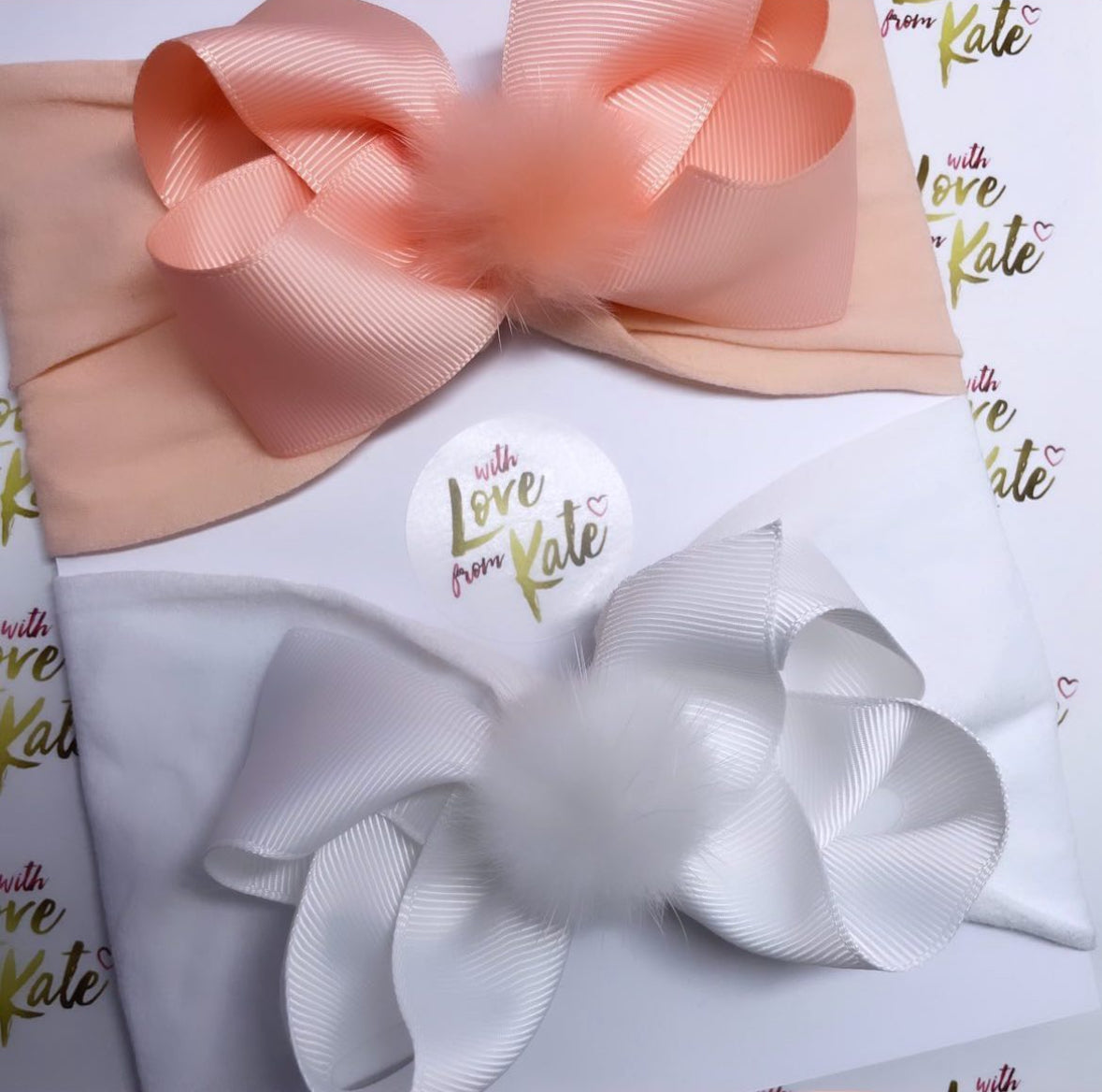 Peach & White boutique bow baby headband with Pom Pom centre set