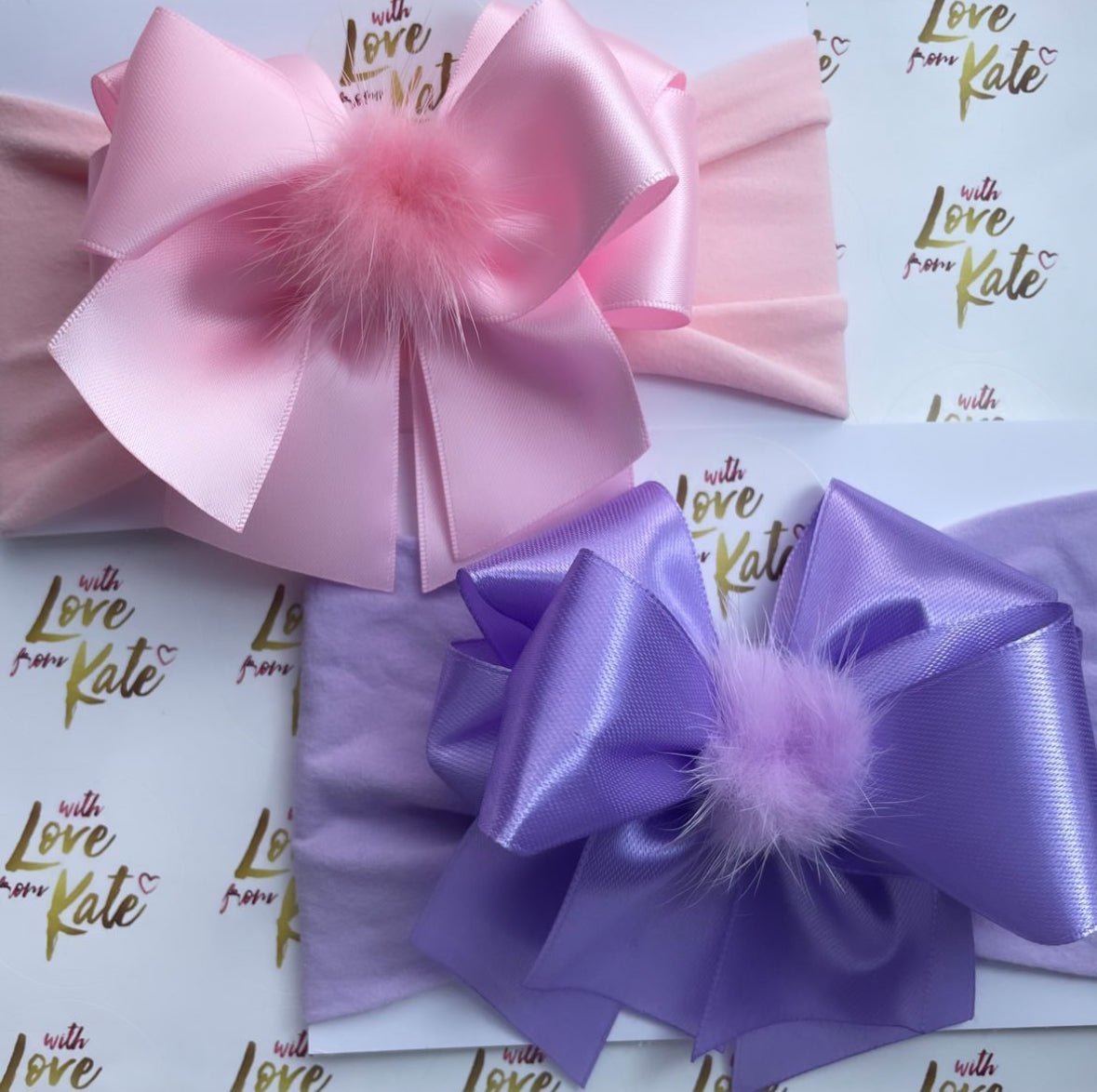 Baby pink & lilac satin XL Short tail bow baby headband set