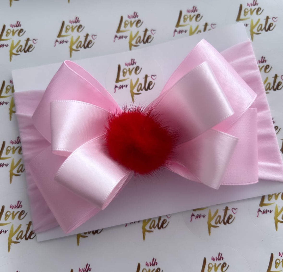 Pink & red double layer double tux bow baby headband with pom pom centre