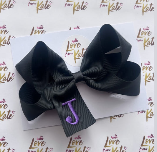 Black with purple embroidered initial boutique bow