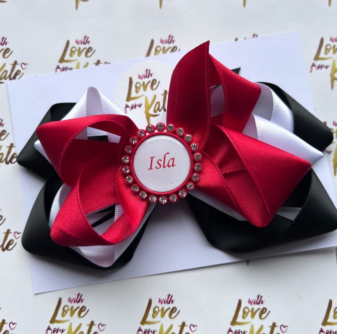 Large Red, black & white triple boutique bow with personalisation