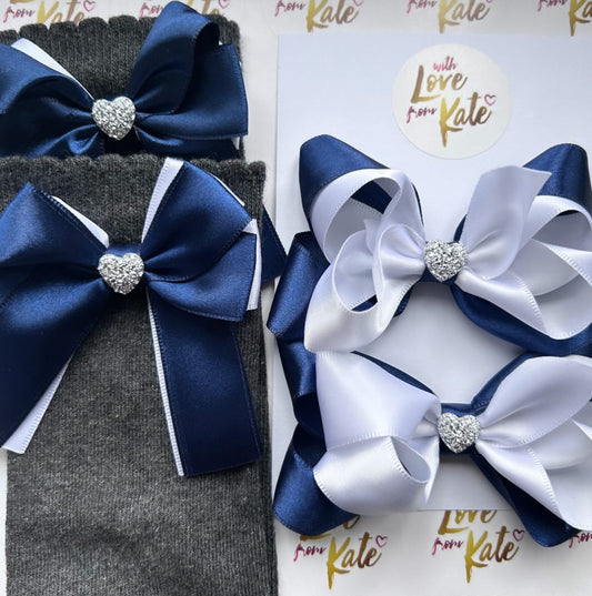 Navy & white double boutique bows & matching socks set