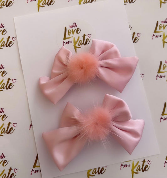 2 x Pink Satin mini bows with pom poms